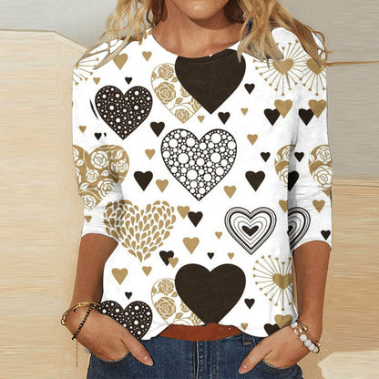 Valentine's Day Female With Hearts Printing Crew Neck T-shirt Top