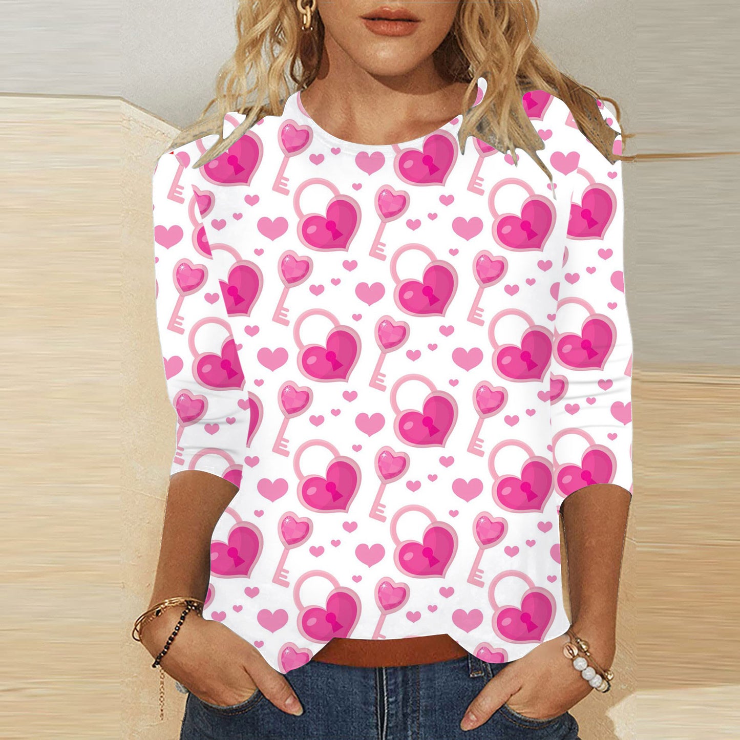 Valentine's Day Female With Hearts Printing Crew Neck T-shirt Top