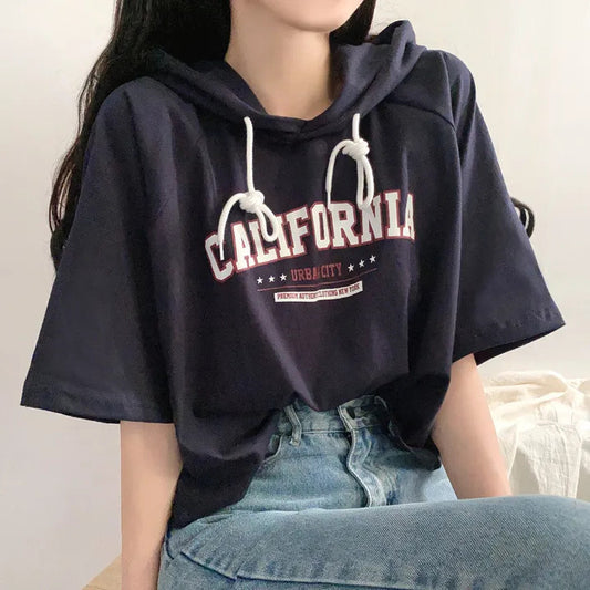 Casual Letter Hooded Short Sleeve Loose Half-sleeved T-shirt Top